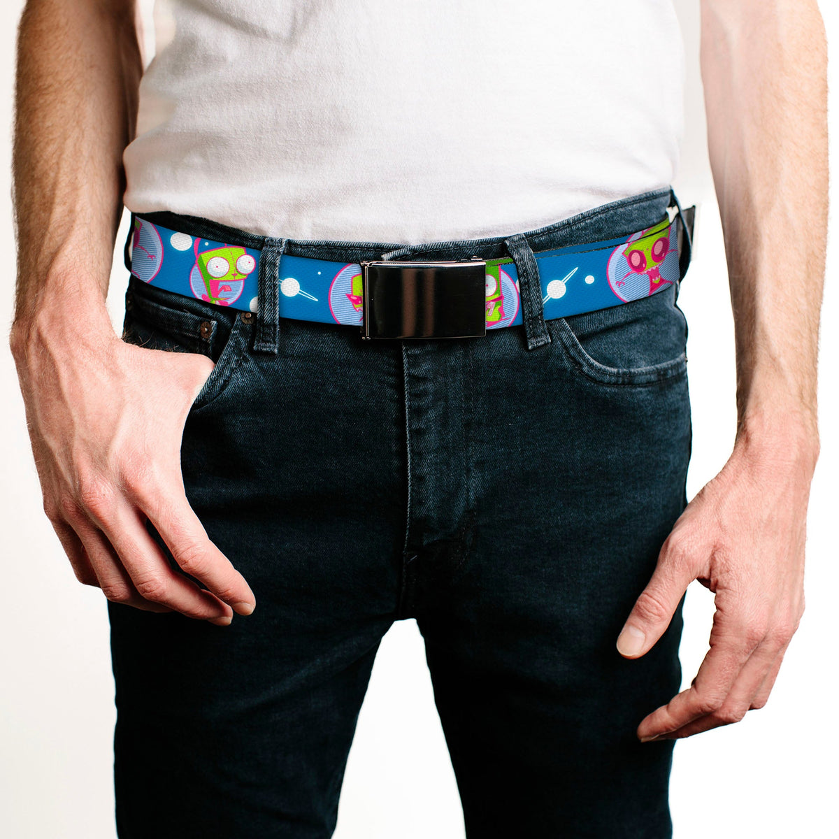 Black Buckle Web Belt - Invader Zim and GIR Poses and Planets Blue/White Webbing