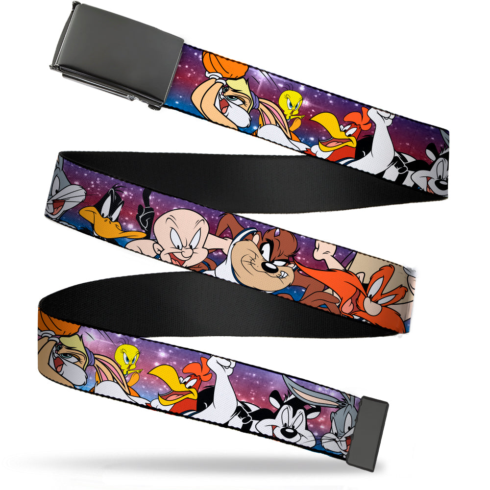 Black Buckle Web Belt - Space Jam Tunes Squad 10-Players Group Pose Galaxy Webbing