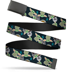 Black Buckle Web Belt - Star Wars The Mandalorian The Child and Frog Icons Scattered Navy Webbing