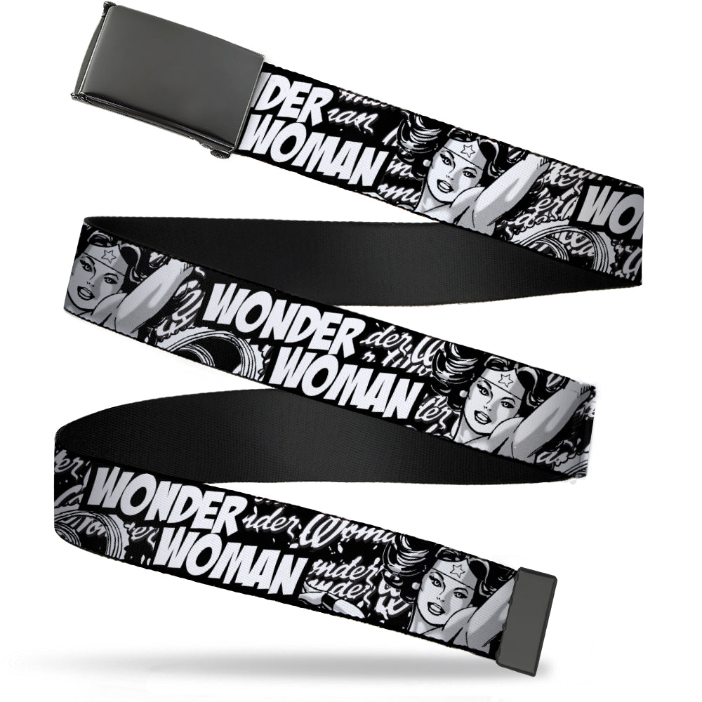Black Buckle Web Belt - WONDER WOMAN Action Pose/Text Collage Black/White/Grays Webbing