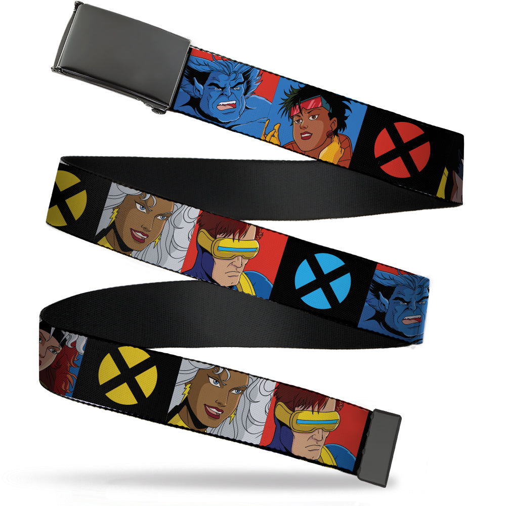 Black Buckle Web Belt - X-Men Animated Series 8-Character Pose Blocks and Logo Black/Multi Color Webbing