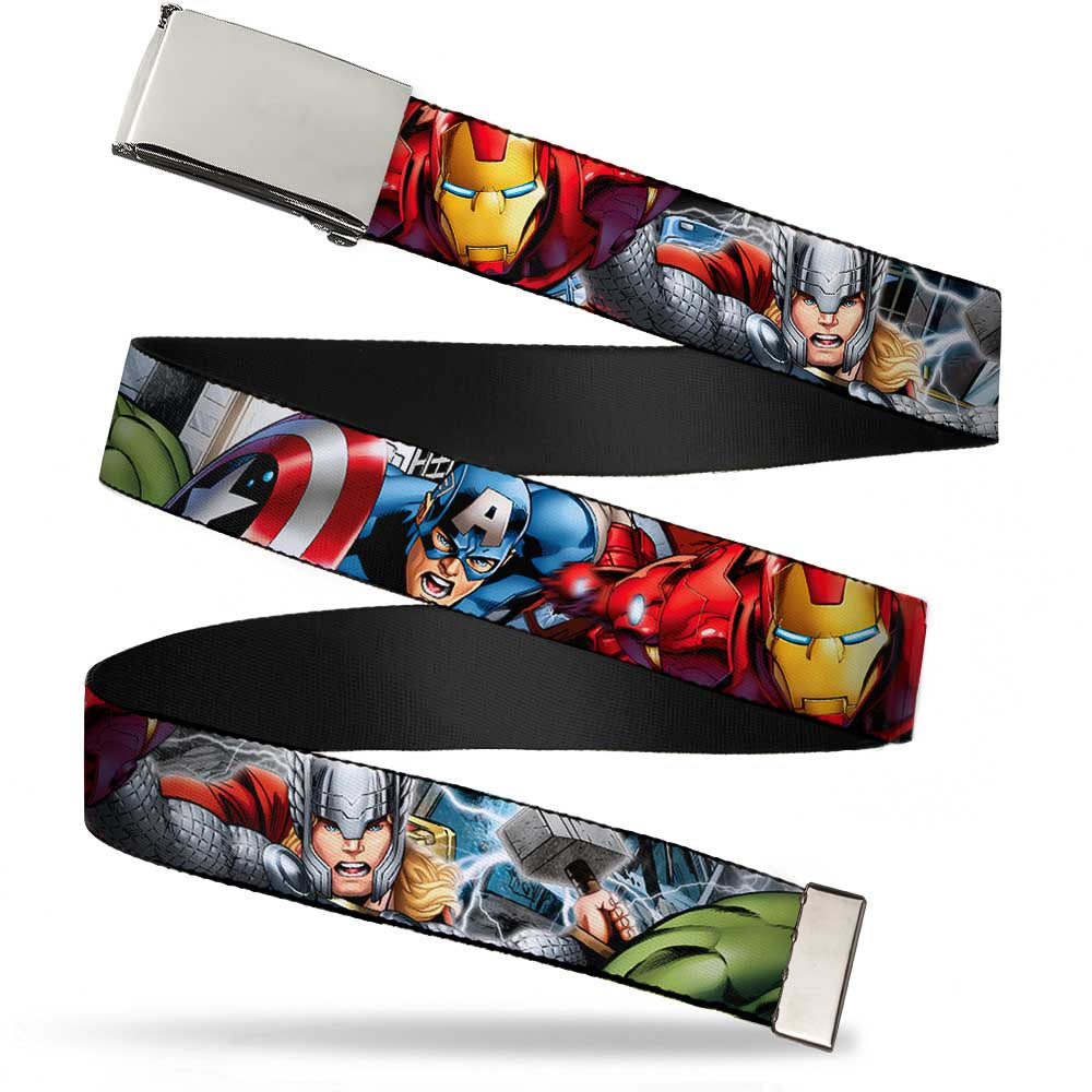 Chrome Buckle Web Belt - Marvel Avengers 4-Superhero Poses CLOSE-UP Webbing