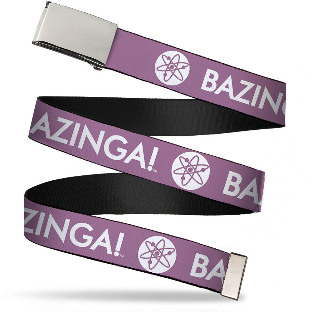 Chrome Buckle Web Belt - BAZINGA! Atom Logo Lavender/White Webbing