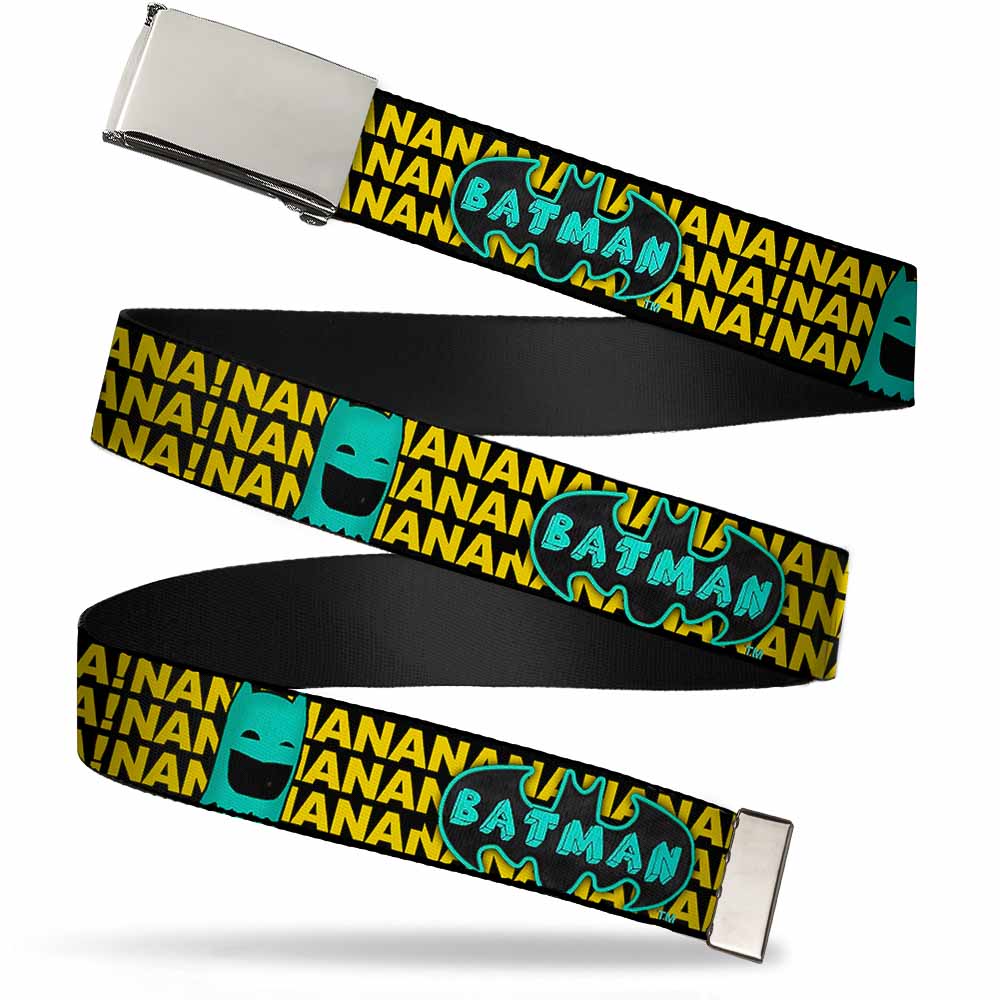 Chrome Buckle Web Belt - Batman Face &amp; Logo Sketch/NANANA! Black/Yellow/Aqua Webbing