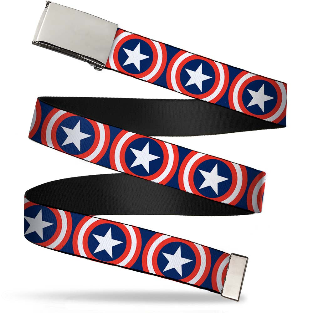 Chrome Buckle Web Belt - Captain America Shield Repeat Navy Webbing