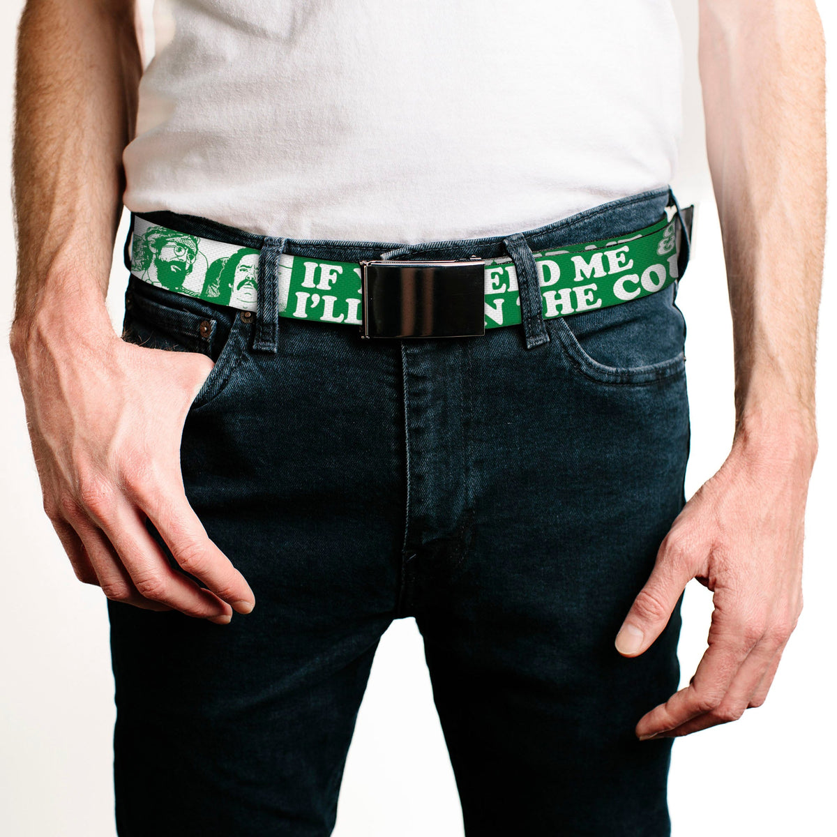 Chrome Buckle Web Belt - CHEECH &amp; CHONG Pose IF YOU NEED ME I&#39;LL BE ON THE COUCH Green/White Webbing