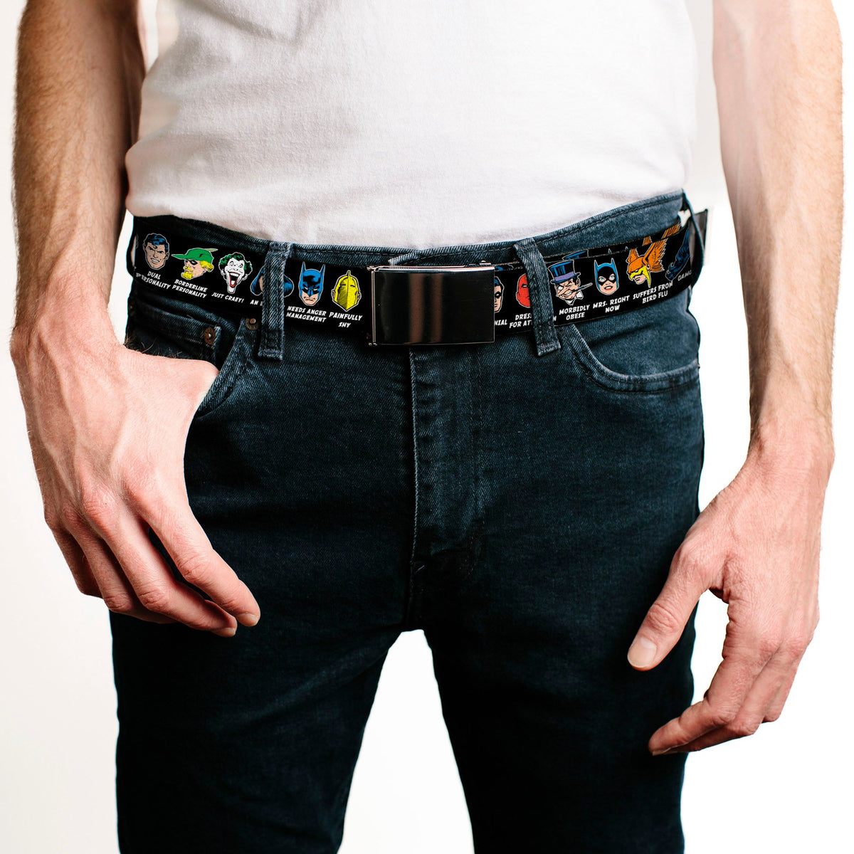 Chrome Buckle Web Belt - DC Originals SUPER HEROES HAVE ISSUES TOO! Faces/Issues Black Webbing