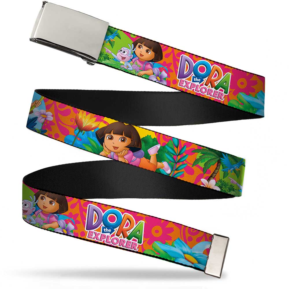 Chrome Buckle Web Belt - DORA THE EXPLORER Dora Poses/Floral Collage Orange/Pink Webbing
