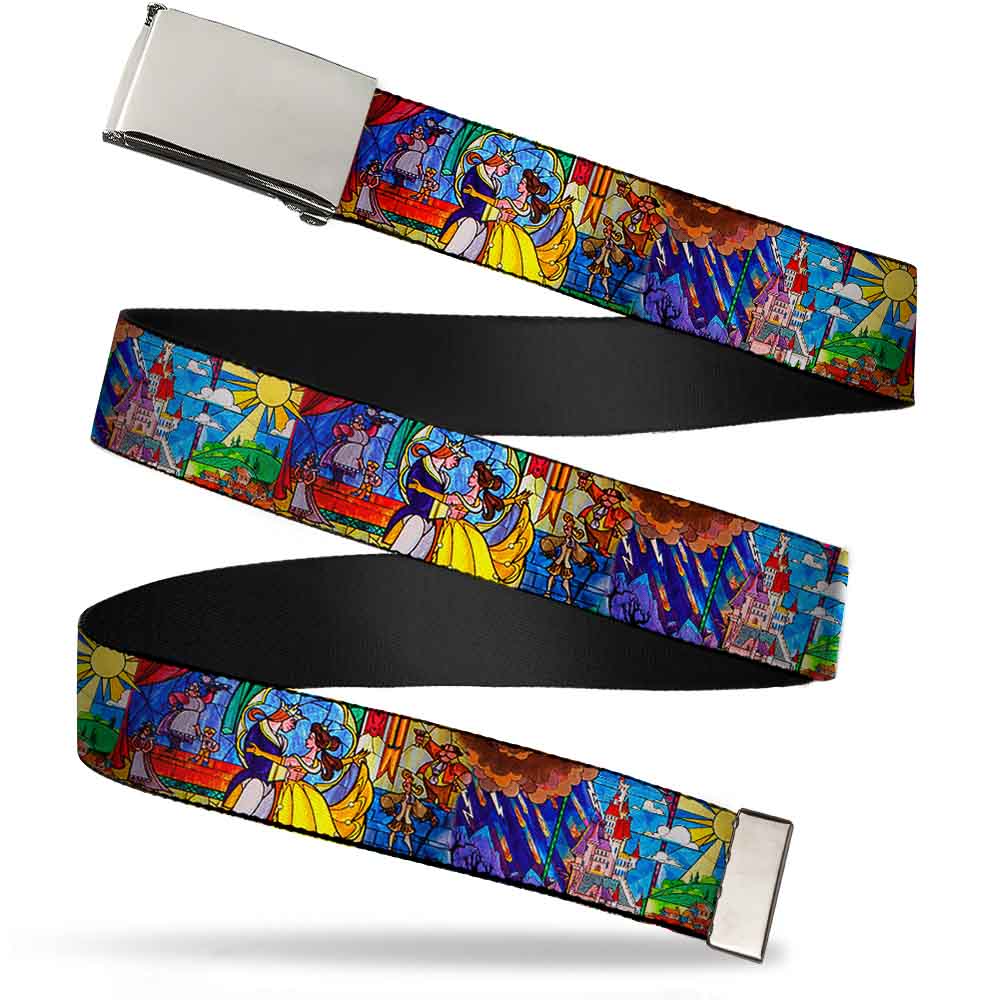 Chrome Buckle Web Belt - Beauty &amp; the Beast Stained Glass Scenes Webbing