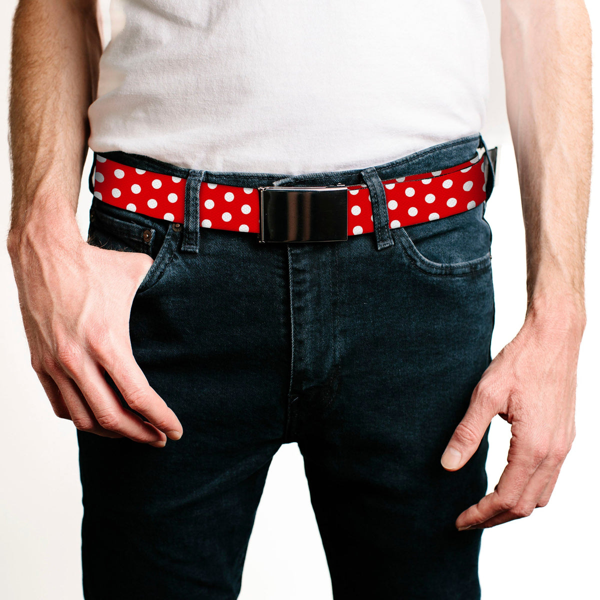 Chrome Buckle Web Belt - Minnie Mouse Polka Dots Red/White Webbing