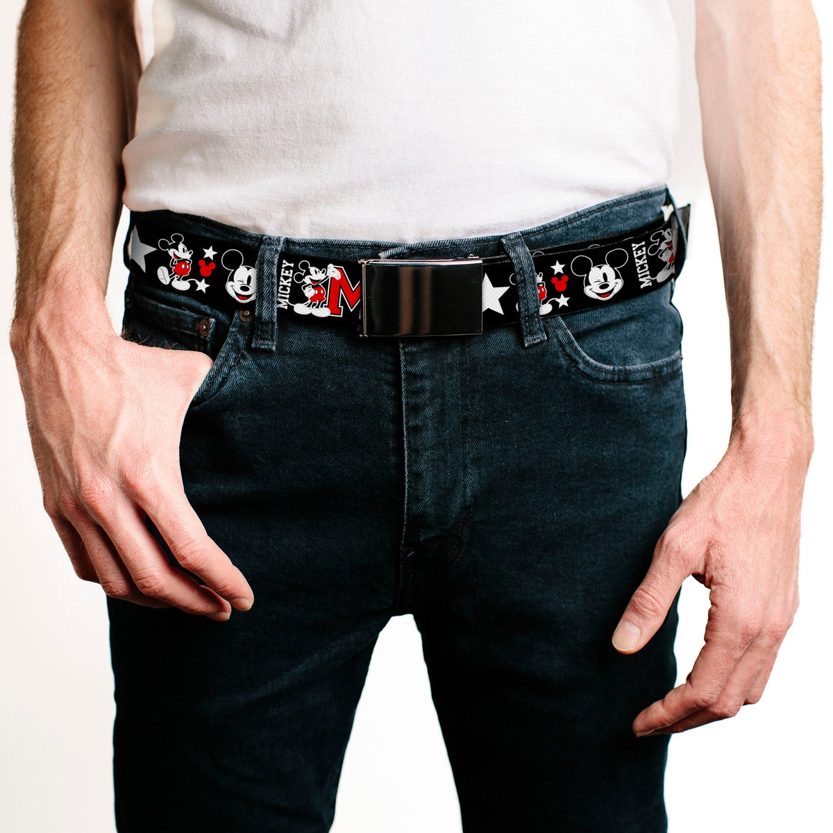 Chrome Buckle Web Belt - Classic Mickey Mouse 1928 Collage Black/White/Red Webbing