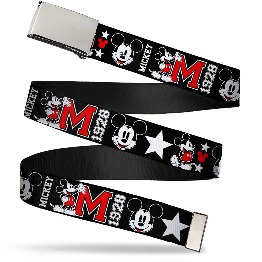 Chrome Buckle Web Belt - Classic Mickey Mouse 1928 Collage Black/White/Red Webbing