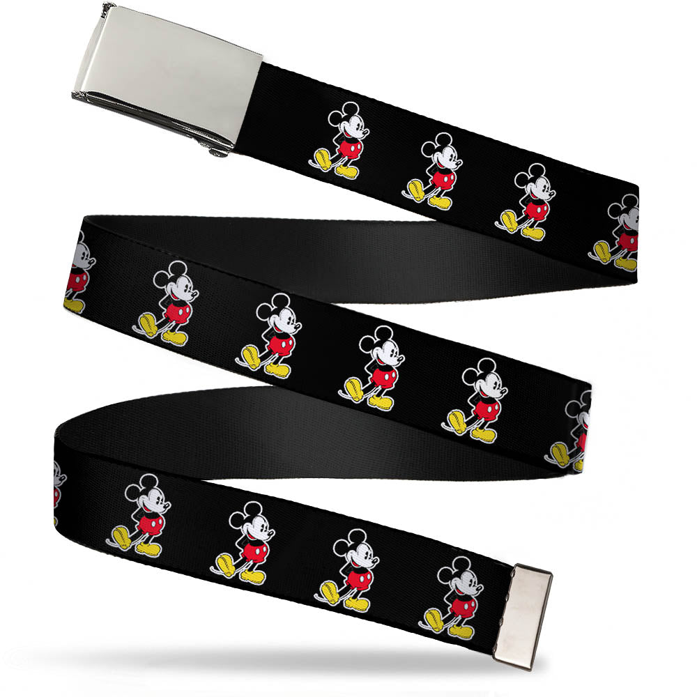 Chrome Buckle Web Belt - Classic Mickey Mouse Pose Black Webbing