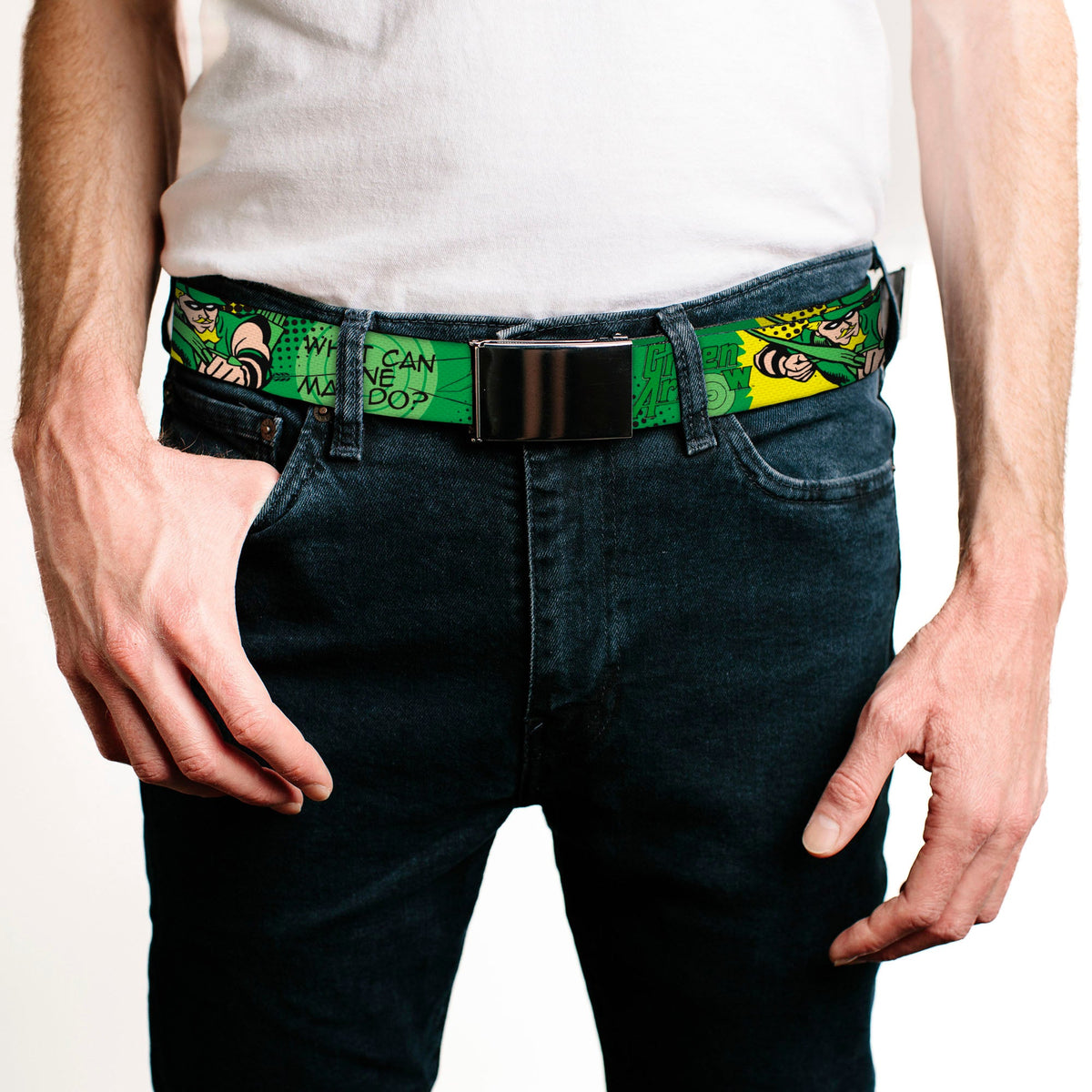 Chrome Buckle Web Belt - GREEN ARROW Poses WHAT CAN ONE MAN DO? Greens/Black Webbing