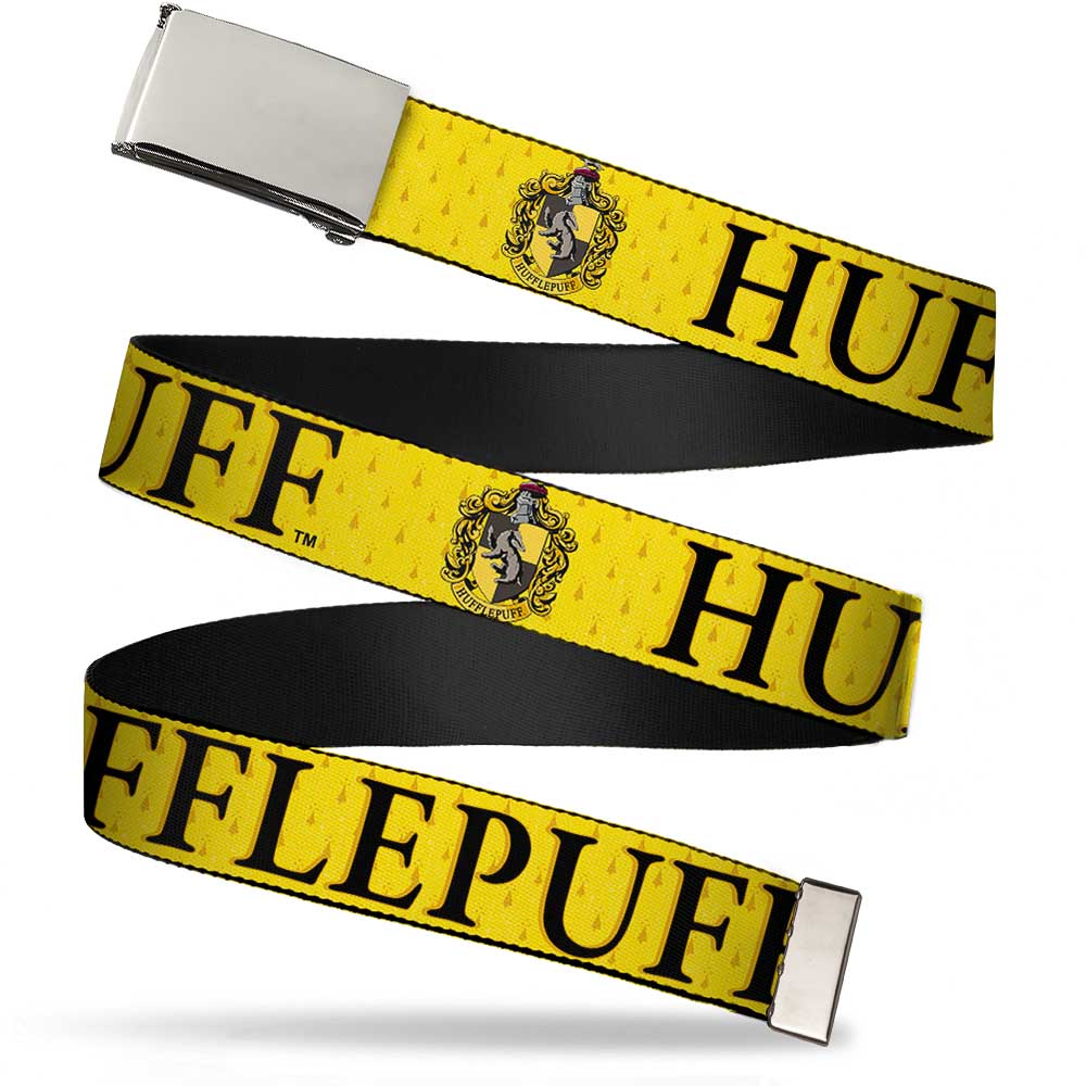 Chrome Buckle Web Belt - Harry Potter HUFFLEPUFF &amp; Crest Yellow/Black Webbing
