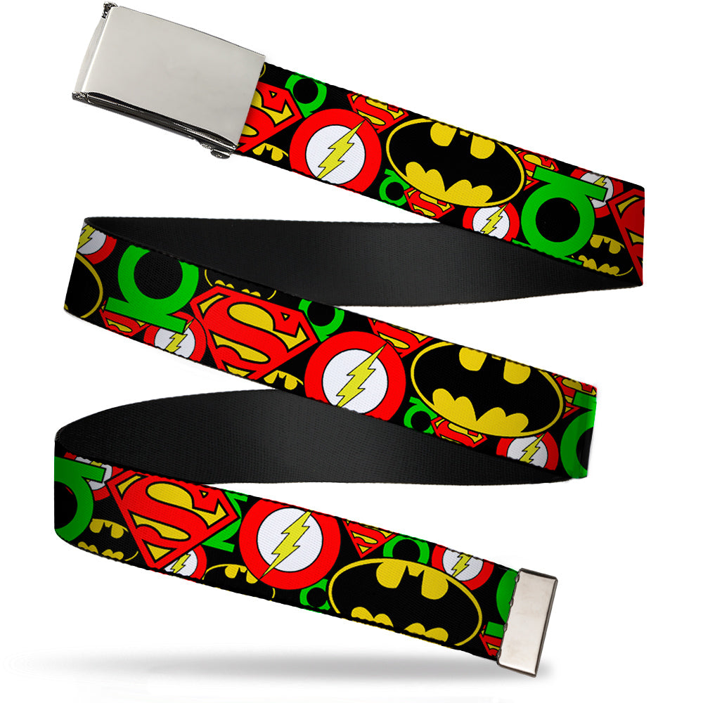 Chrome Buckle Web Belt - Justice League Stacked Logos Webbing