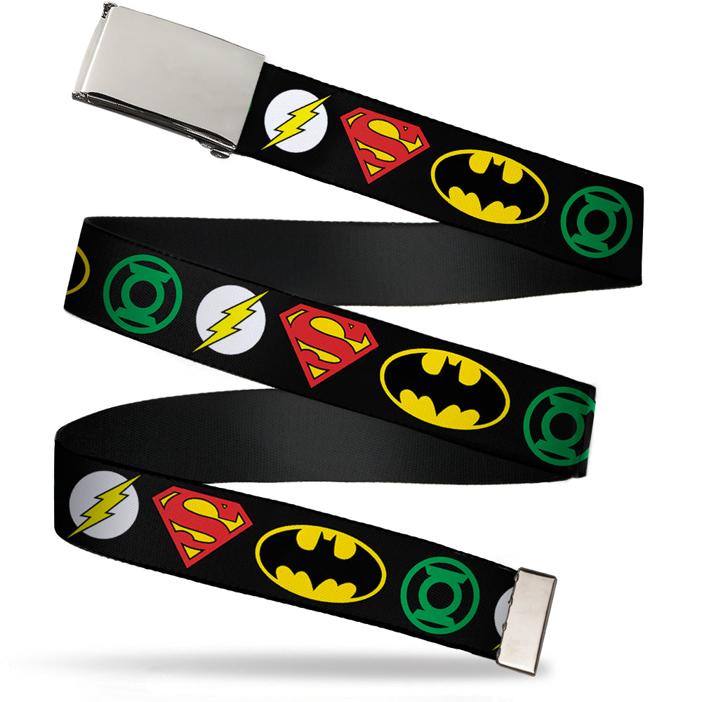 Chrome Buckle Web Belt - Justice League Superhero Logos Webbing