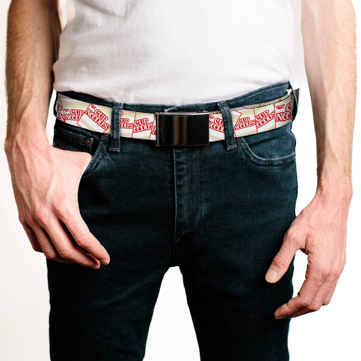 Chrome Buckle Web Belt - Cup Noodles Cups Stacked Collage White/Gold/Red Webbing