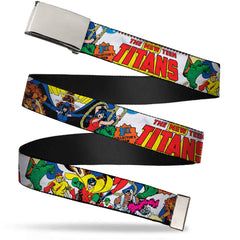 Chrome Buckle Web Belt - THE NEW TEEN TITANS Issue #1 Superhero Cover Poses White Webbing