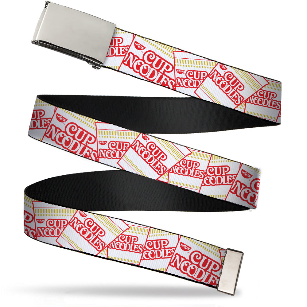 Web Belt Blank Matte Buckle - Cup Noodles Cups Stacked Collage White/Gold/Red Webbing