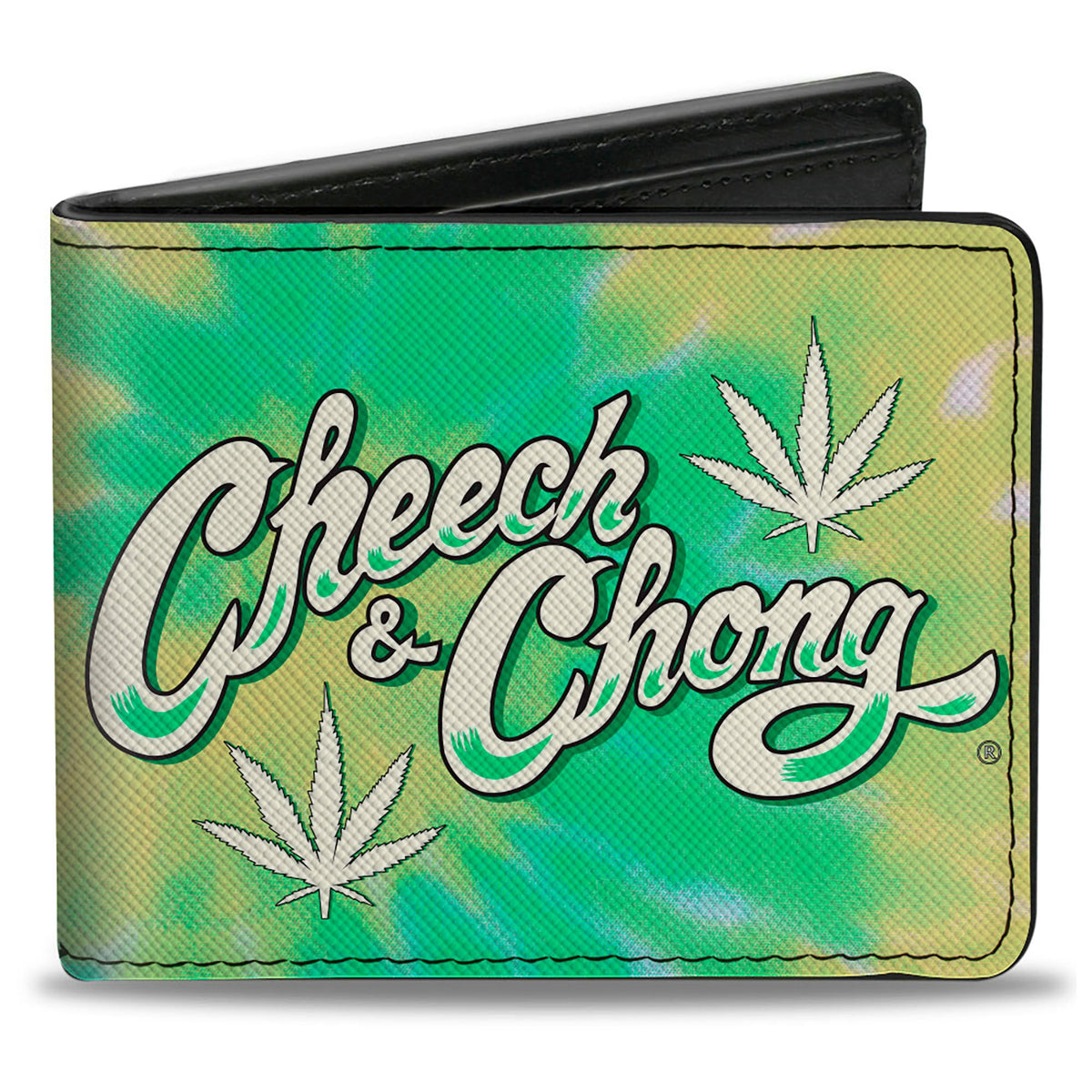 Bi-Fold Wallet - CHEECH &amp; CHONG Title Logo with Bud Leaf Tie Dye Greens/White