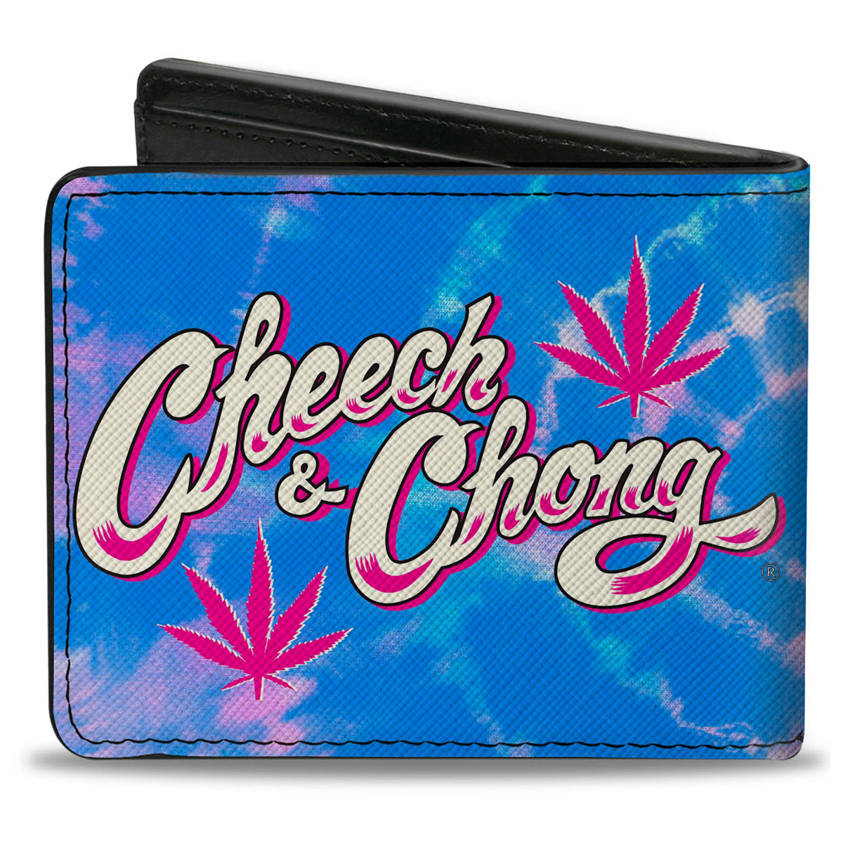 Bi-Fold Wallet - CHEECH &amp; CHONG Title Logo with Bud Leaf Tie Dye Blues/Pinks/White