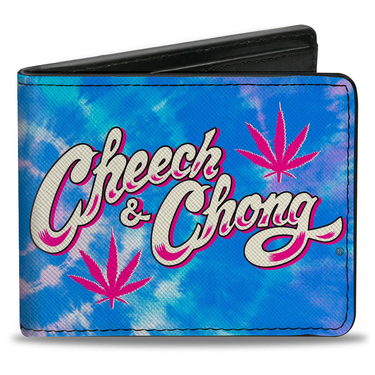 Bi-Fold Wallet - CHEECH &amp; CHONG Title Logo with Bud Leaf Tie Dye Blues/Pinks/White