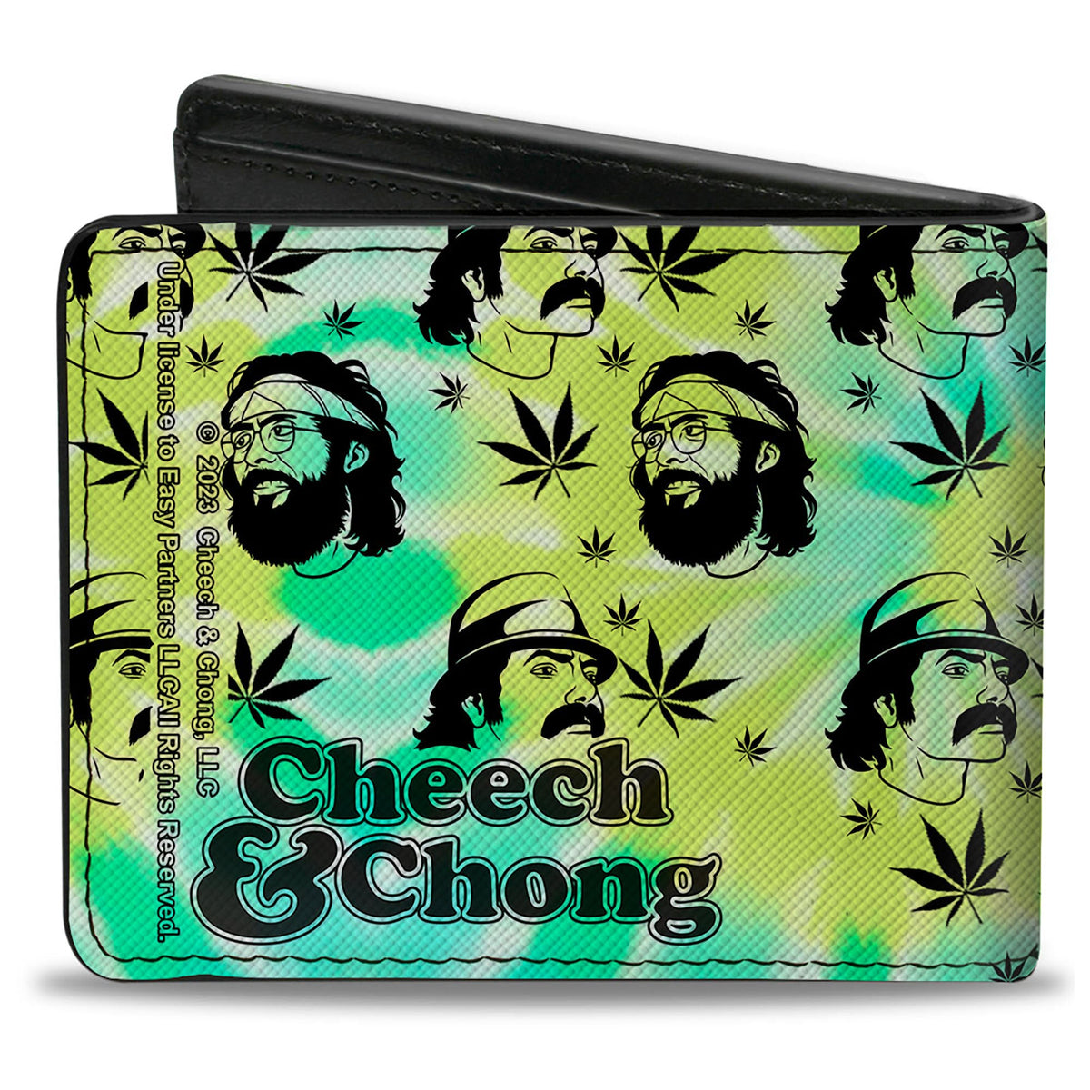 Bi-Fold Wallet - CHEECH &amp; CHONG Caricature Faces/Pot Leaves Scattered Tie Dye Greens/Black
