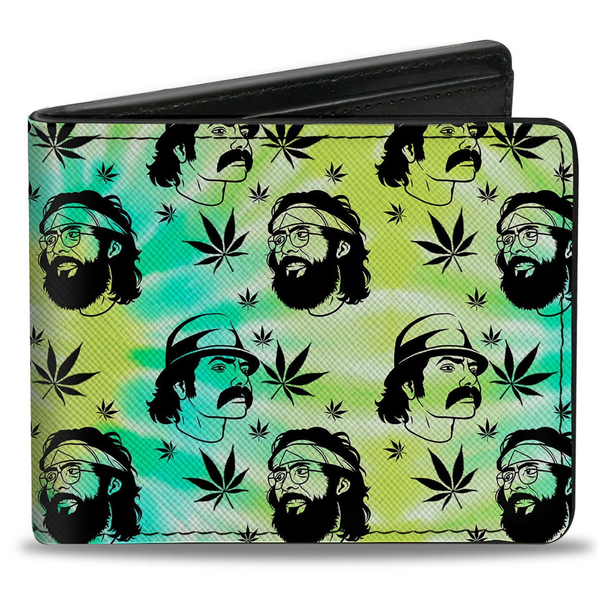 Bi-Fold Wallet - CHEECH &amp; CHONG Caricature Faces/Pot Leaves Scattered Tie Dye Greens/Black