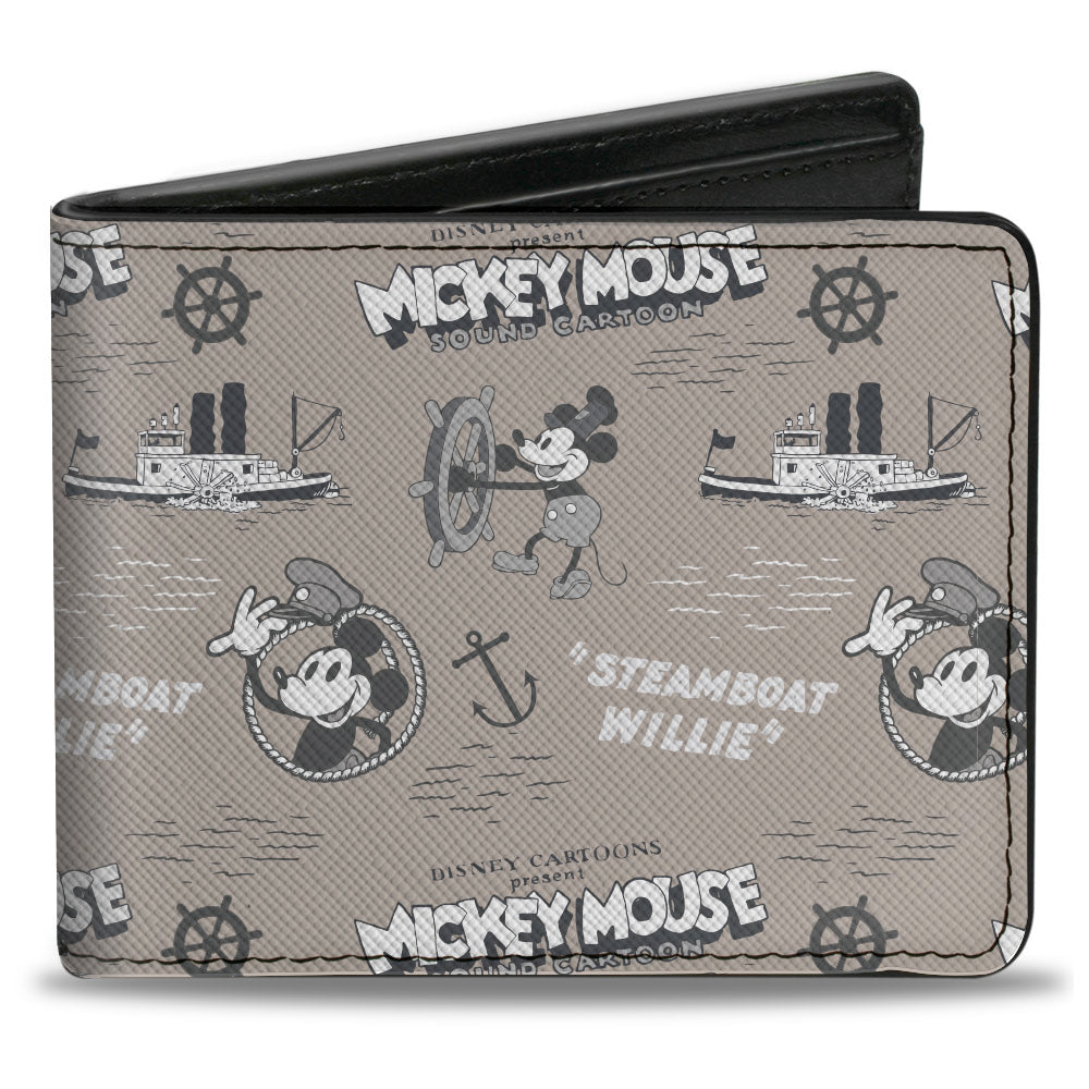 Bi-Fold Wallet - Disney 100 Mickey Mouse Steamboat Willie Collage Grays/Black/White