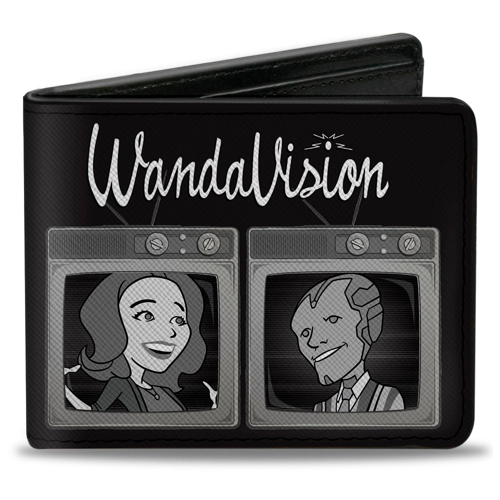 MARVEL STUDIOS WANDAVISION Bi-Fold Wallet - WANDAVISION Cartoon Wanda and Vision + Scarlet Witch and Vision Television Blocks Black Grays Full Color