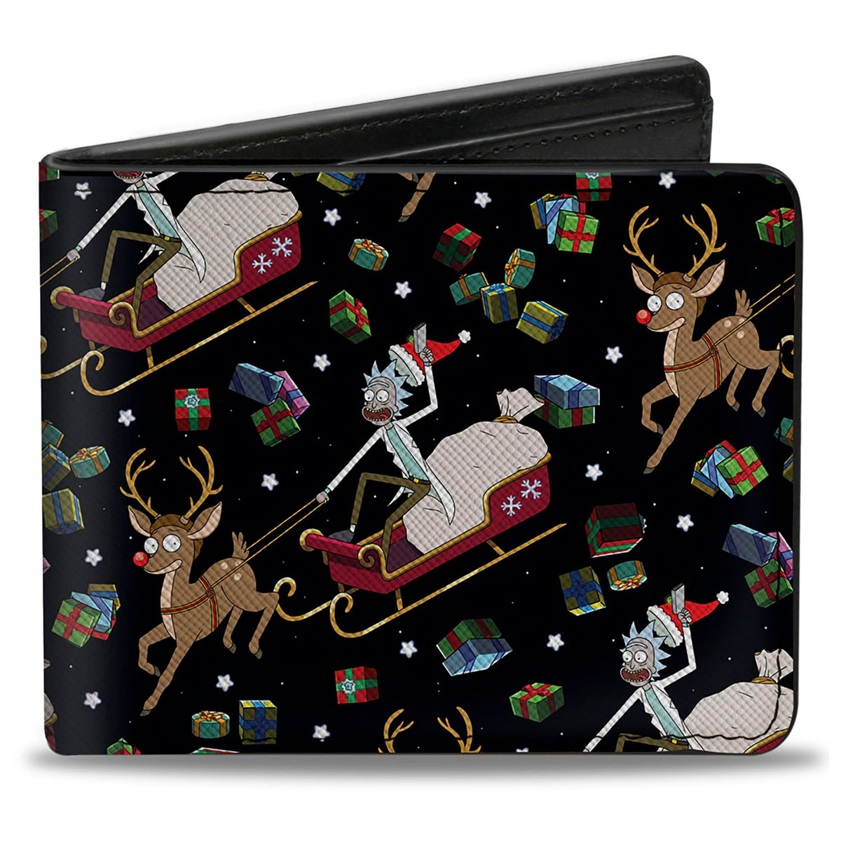 Bi-Fold Wallet - Rick and Morty Holiday Santa Rick Reindeer Sled Pose and Packages Collage Black