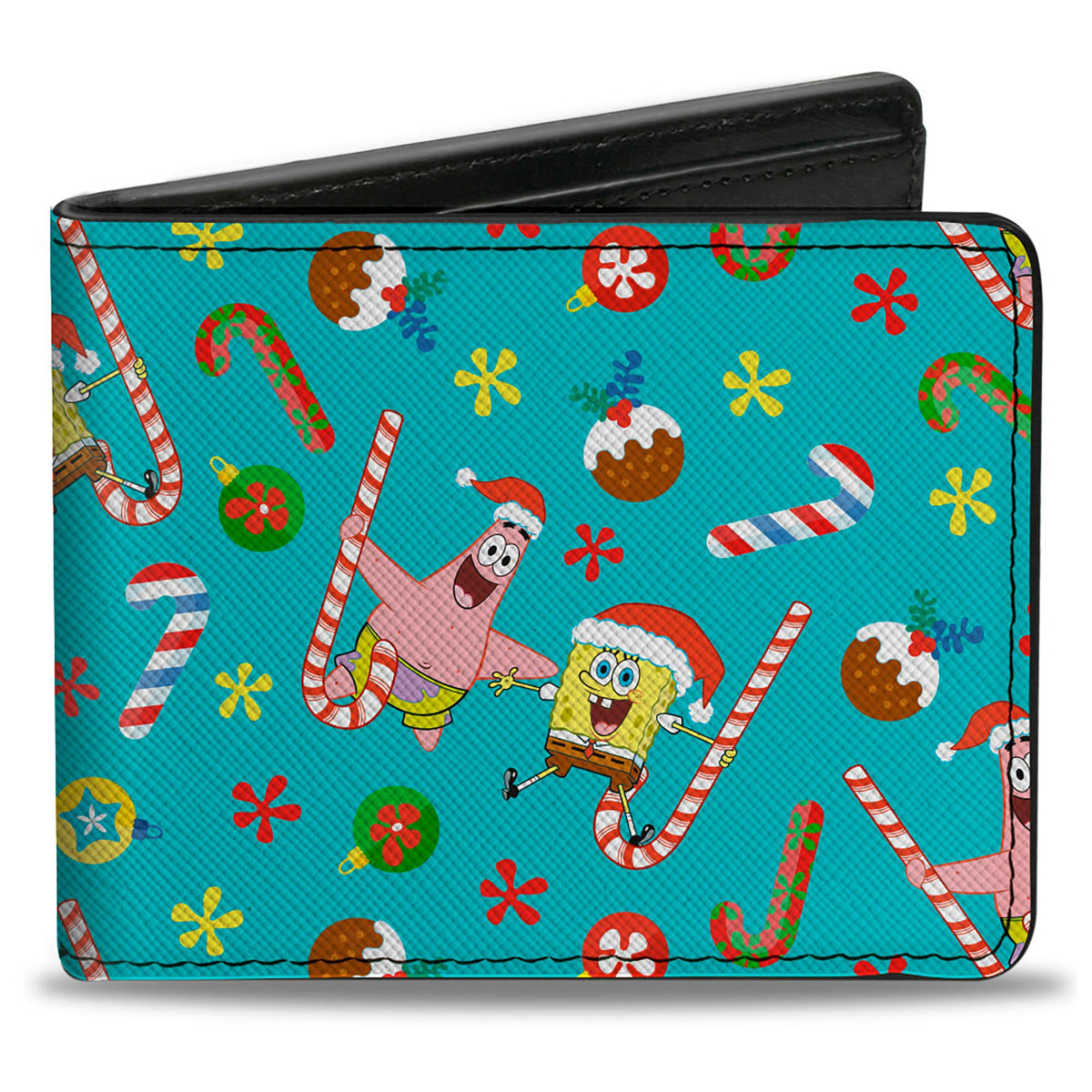 Bi-Fold Wallet - SpongeBob SquarePants and Patrick Star Holiday Treats Christmas Collage Turquoise