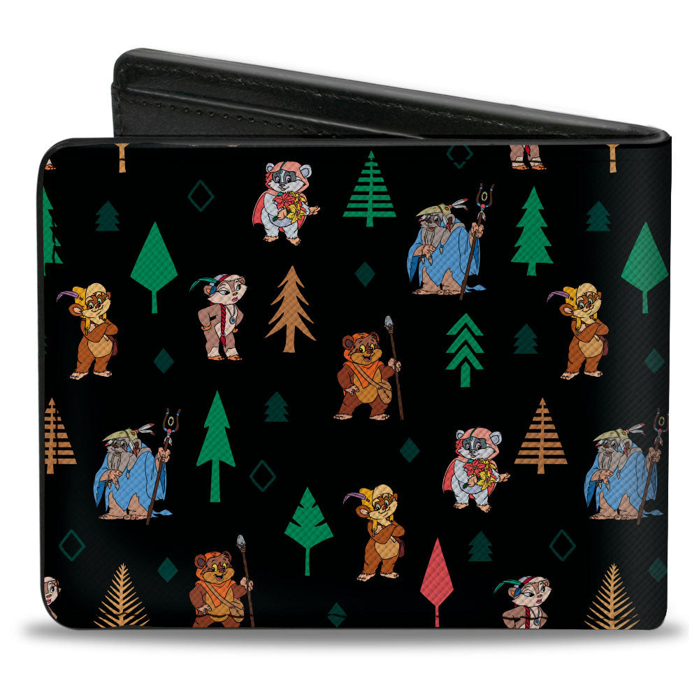 Bi-Fold Wallet - Star Wars Ewoks and Forest Icons Collage Black/Greens