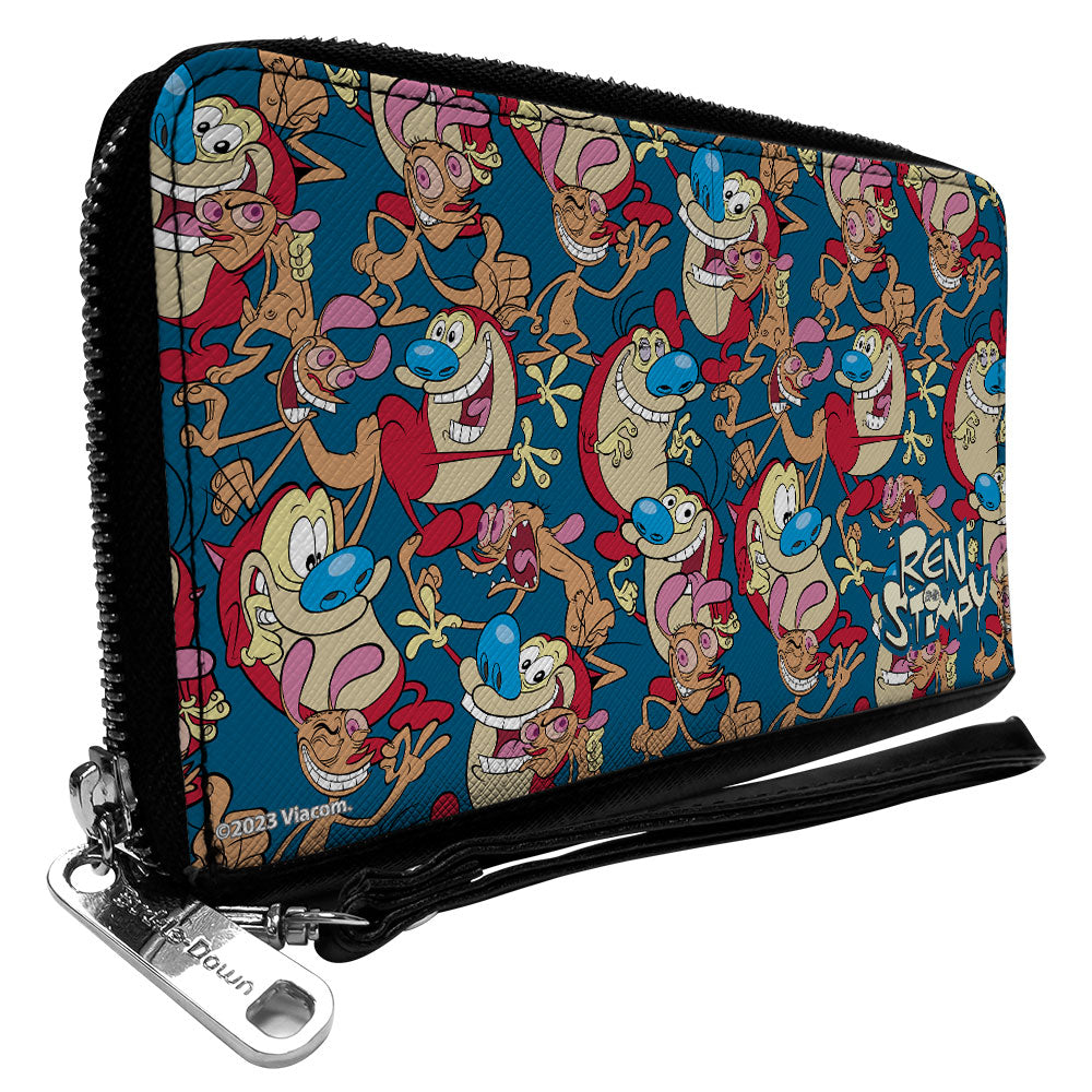 PU Zip Around Wallet Rectangle - REN AND STIMPY Multi-Pose Collage Blue