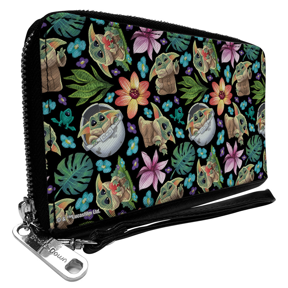 PU Zip Around Wallet Rectangle - Star Wars The Child Poses and Floral Collage Black/Multi Color
