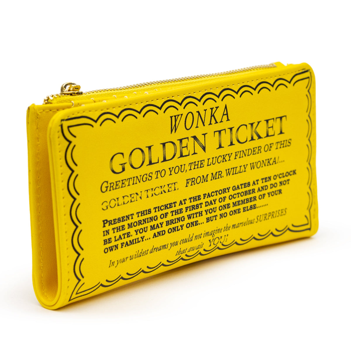 Willy Wonka Wallet, Fold Over, Snap Pouch, Chocolate Factory Golden Ticket Text, Yellow, Vegan Leather