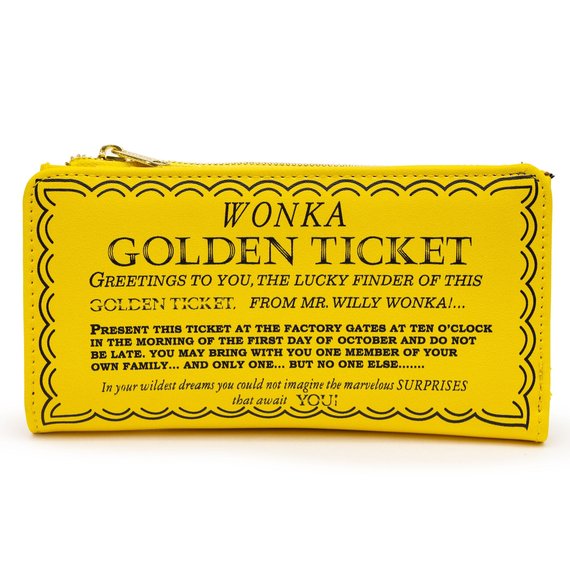 Willy Wonka Wallet, Fold Over, Snap Pouch, Chocolate Factory Golden Ticket Text, Yellow, Vegan Leather