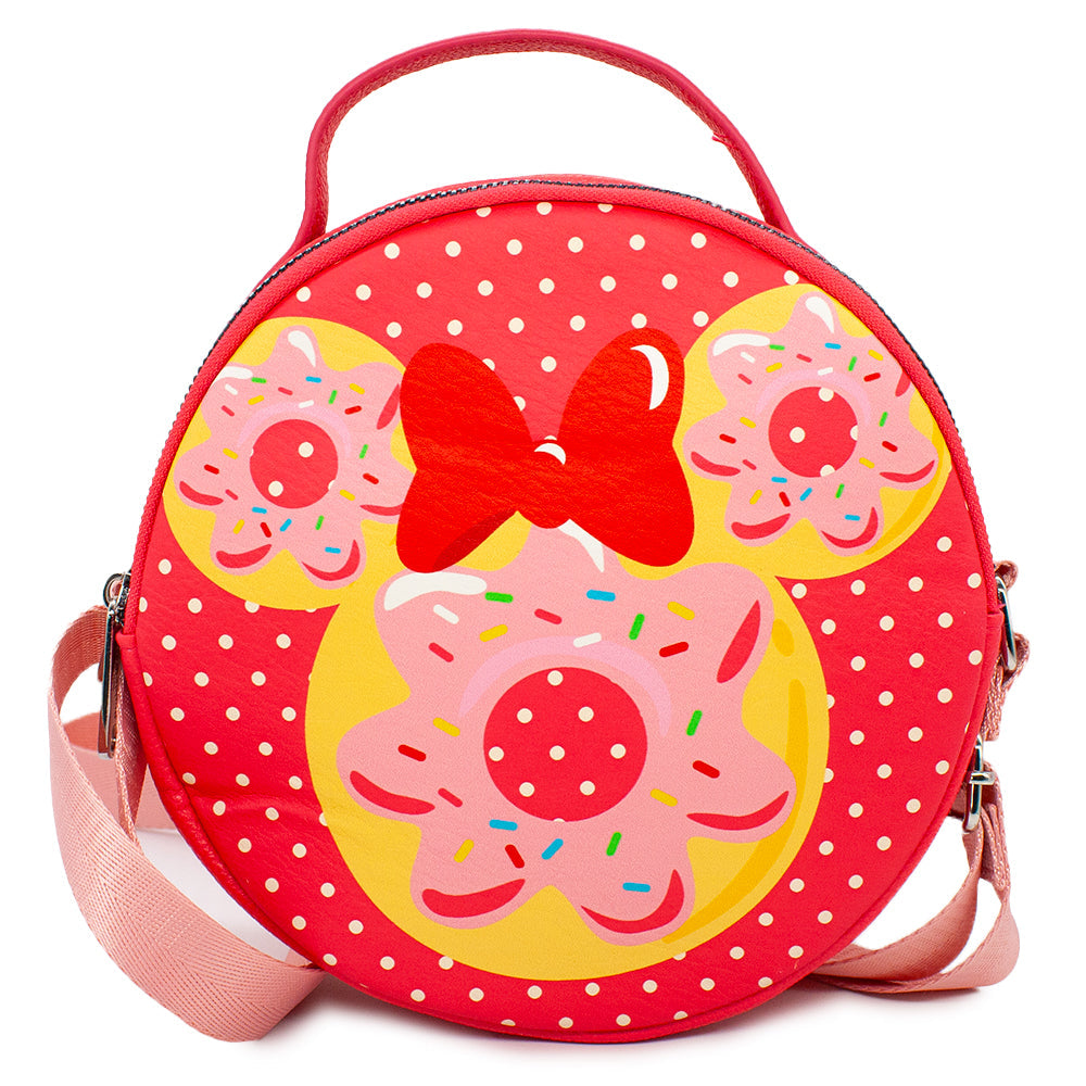 Round Crossbody Bag - Minnie Mouse Bow and Ears Donut Dessert with Polka Dot Red White