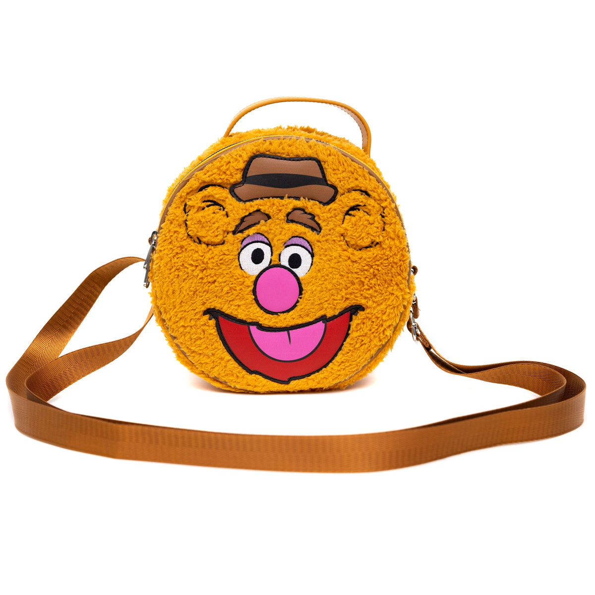 Disney Bag, Cross Body, Round, The Muppets Fozzie Bear Face Character Close Up Faux Fur, Brown, Vegan Leather