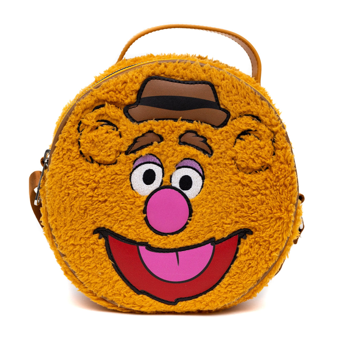 Disney Bag, Cross Body, Round, The Muppets Fozzie Bear Face Character Close Up Faux Fur, Brown, Vegan Leather