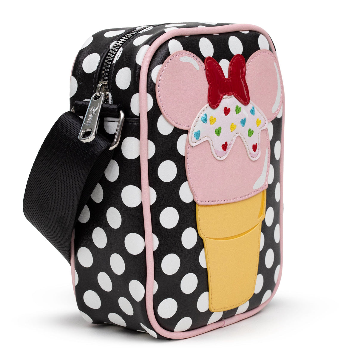 Disney Bag, Cross Body, Minnie Mouse Ice Cream Cone with Polka Dots Black, Vegan Leather