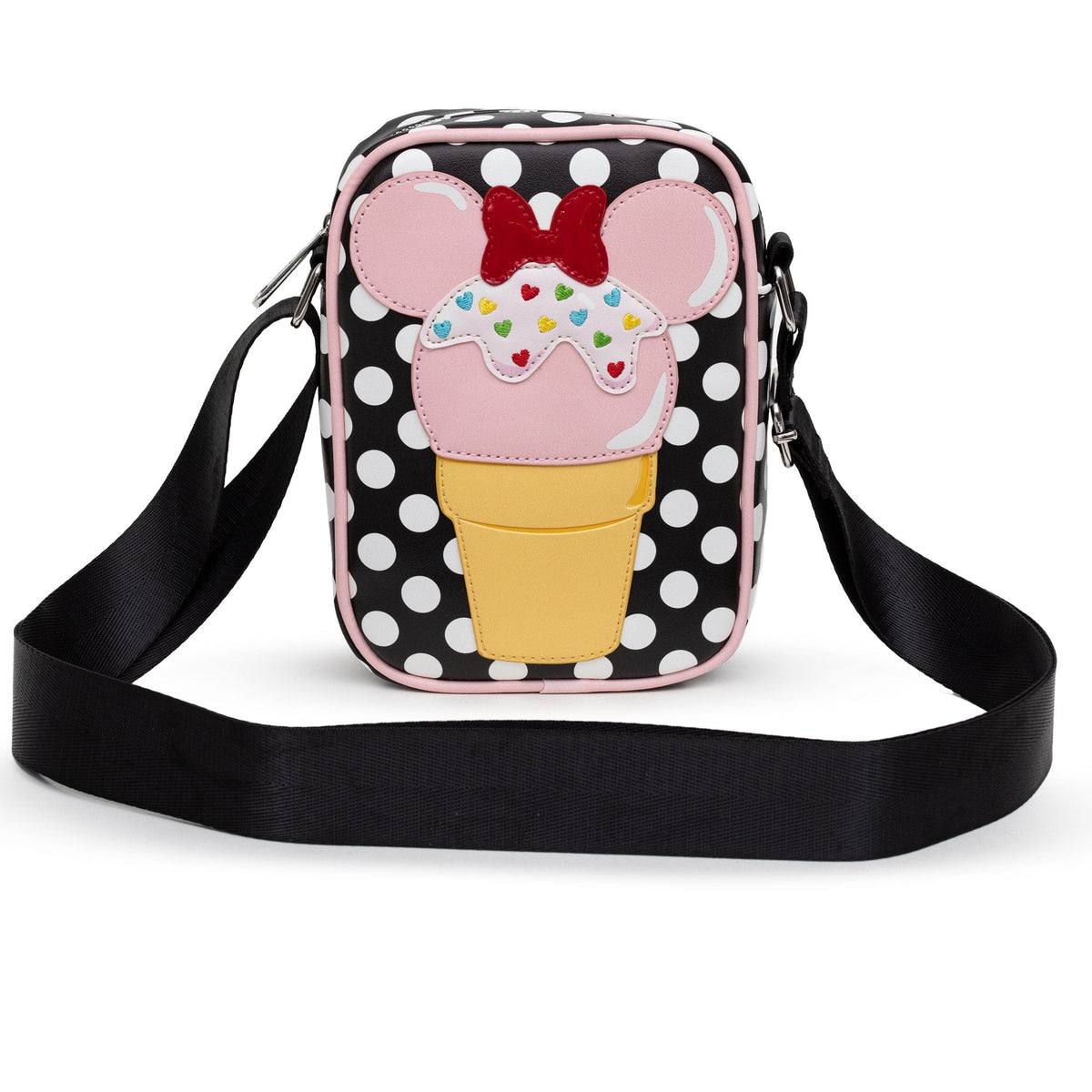 Disney Bag, Cross Body, Minnie Mouse Ice Cream Cone with Polka Dots Black, Vegan Leather