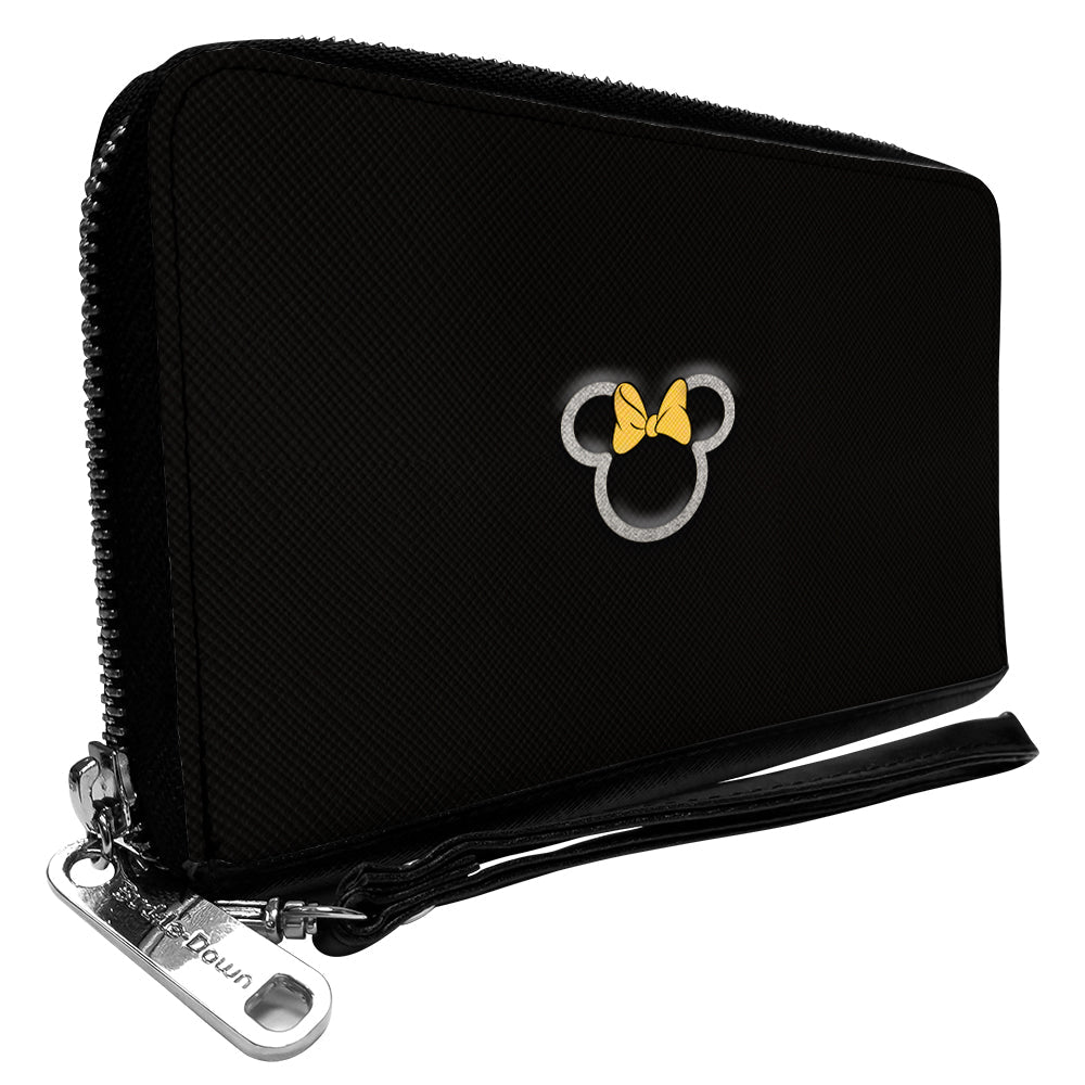 Women&#39;s PU Zip Around Wallet Rectangle - Minnie Mouse Ears and Bow Icon Outline Black White Yellow