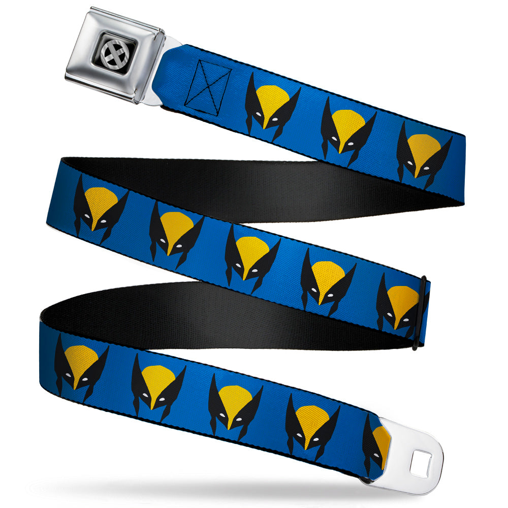X-Men Logo Black/Silver Seatbelt Belt - Wolverine Mask Icon Blue/Black/Yellow Webbing