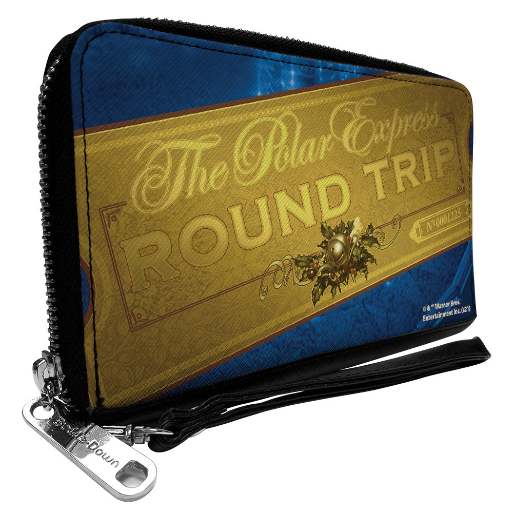 Women&#39;s PU Zip Around Wallet Rectangle - THE POLAR EXPRESS ROUND TRIP Train Ticket Blues Golds