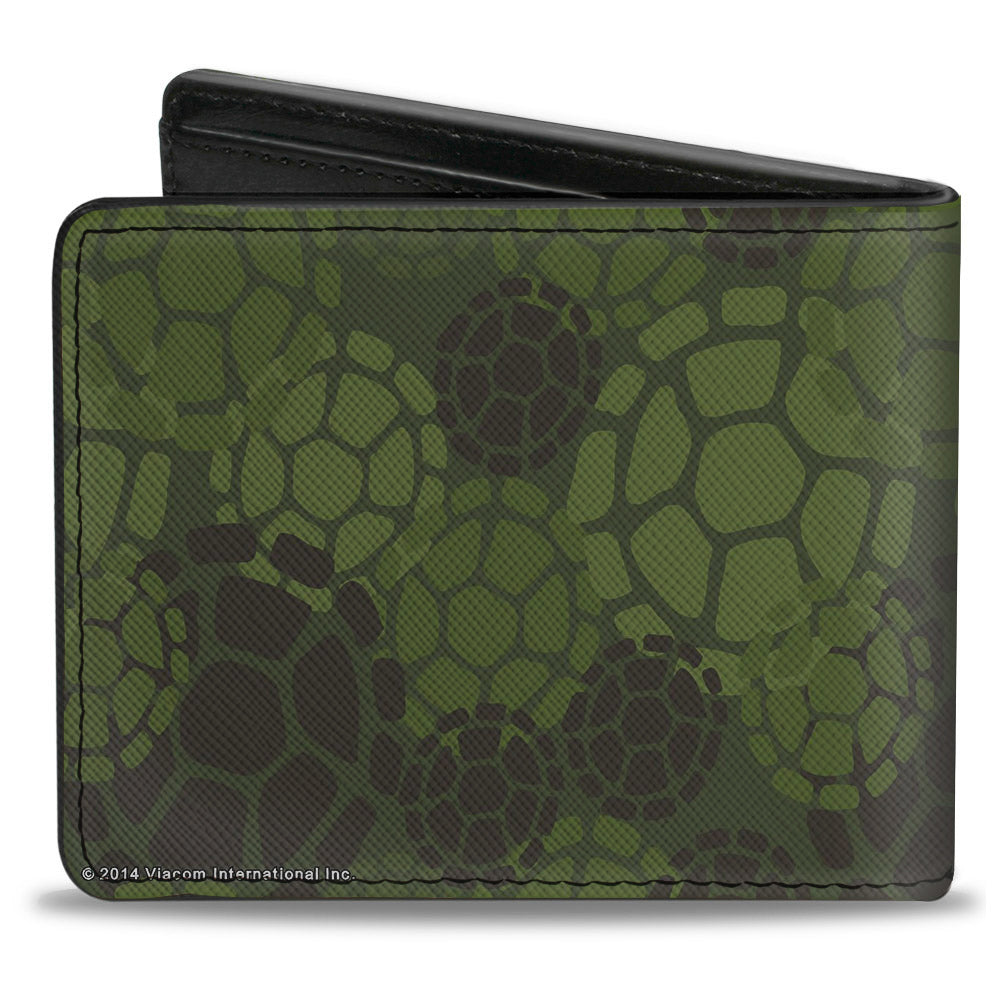 Bi-Fold Wallet - Classic Turtle Face CLOSE-UP Outline TMNT Turtle Shell Camo Olive White