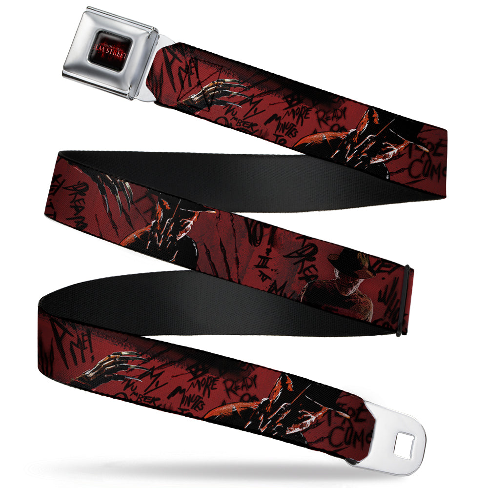 A NIGHTMARE ON ELM STREET Logo Full Color Black/Reds Seatbelt Belt - Freddy 4-Poses/Quote Scrawls/Hand Scratching Reds/Black Webbing