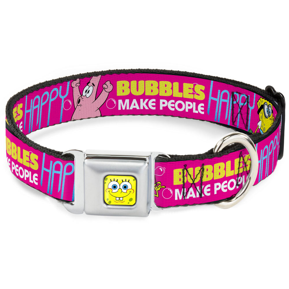 SpongeBob Face CLOSE-UP Full Color Seatbelt Buckle Collar - Patrick Starfish Pose BUBBLES MAKE PEOPLE HAPPY Pink/Yellow/White/Blue