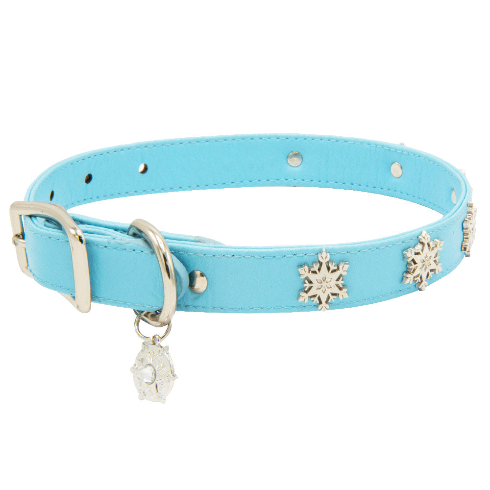 Vegan Leather Dog Collar - Frozen 2 Light Blue PU w Snowflake Embellishments &amp; Metal Charm